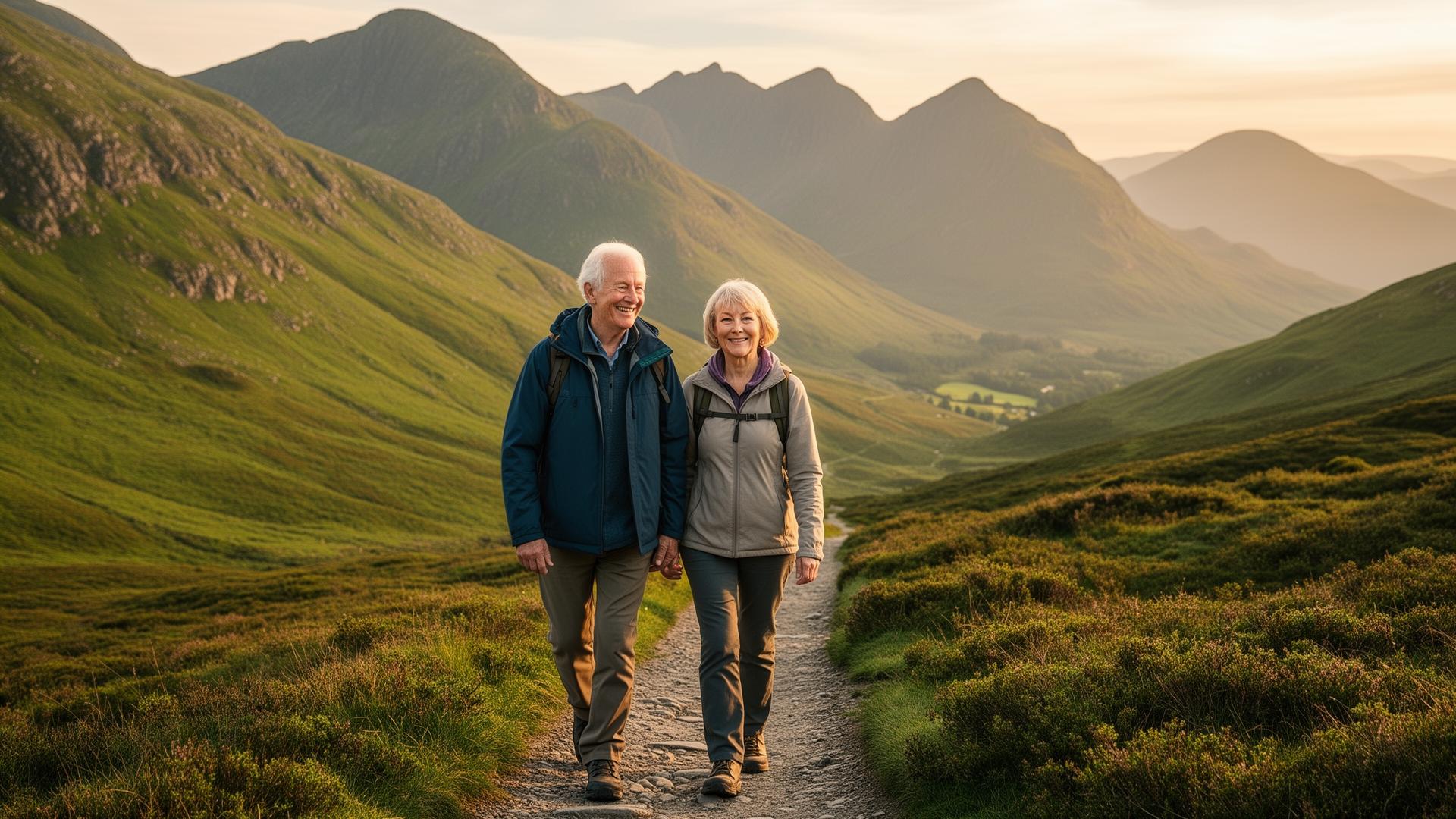 Older couple walking in the Welsh mountains